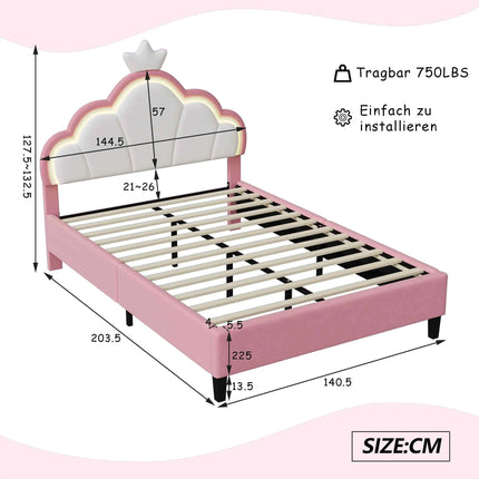 Children's Upholstered Bed 140 x 200 cm with LED Light, Single Upholstered Bed 90 x 200 cm, Princess Crown Design, Adjustable He
