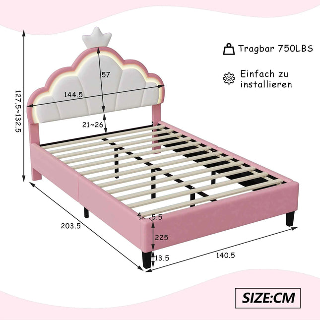 Children's Upholstered Bed 140 x 200 cm with LED Light, Single Upholstered Bed 90 x 200 cm, Princess Crown Design, Adjustable He
