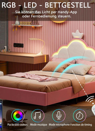 Children's Upholstered Bed 140 x 200 cm with LED Light, Single Upholstered Bed 90 x 200 cm, Princess Crown Design, Adjustable He