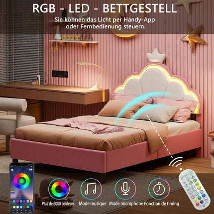 Children's Upholstered Bed 140 x 200 cm with LED Light, Single Upholstered Bed 90 x 200 cm, Princess Crown Design, Adjustable He
