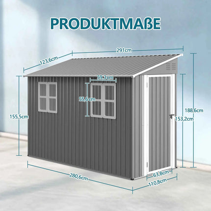 Casetta da Giardino Metallo 4x10 FT 1,2x3m - Tetto Pent, Doppia Porta e 2 Finestre
