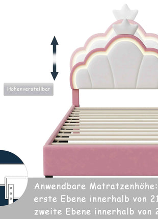 Children's Upholstered Bed 140 x 200 cm with LED Light, Single Upholstered Bed 90 x 200 cm, Princess Crown Design, Adjustable He
