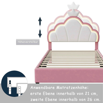 Children's Upholstered Bed 140 x 200 cm with LED Light, Single Upholstered Bed 90 x 200 cm, Princess Crown Design, Adjustable He