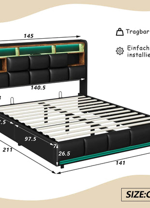 Bed 140x200, upholstered double bed with LED and USB, box spring bed, youth bed with storage headboard, hydraulic storage bed, backrest, bed frame with slatted base, black, PU, without mattress