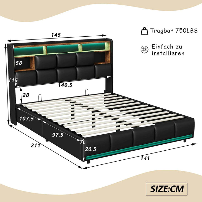 Bed 140x200, upholstered double bed with LED and USB, box spring bed, youth bed with storage headboard, hydraulic storage bed, backrest, bed frame with slatted base, black, PU, without mattress