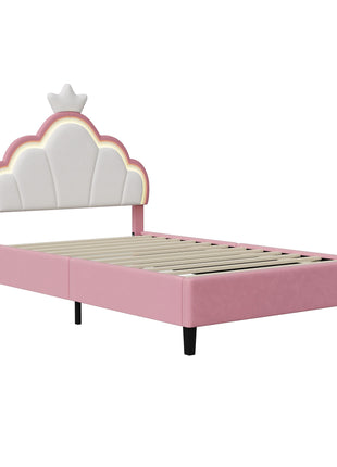 Children's Upholstered Bed 140 x 200 cm with LED Light, Single Upholstered Bed 90 x 200 cm, Princess Crown Design, Adjustable He