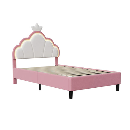 Children's Upholstered Bed 140 x 200 cm with LED Light, Single Upholstered Bed 90 x 200 cm, Princess Crown Design, Adjustable He