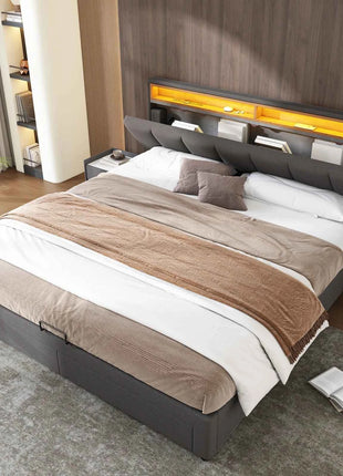 Upholstered bed 160x200 cm with storage, hydraulic storage bed, double bed with bed box, bed with 2 drawers, stowable headboard, youth bed, without mattress, linen, grey