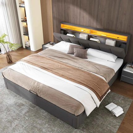 Upholstered bed 160x200 cm with storage, hydraulic storage bed, double bed with bed box, bed with 2 drawers, stowable headboard, youth bed, without mattress, linen, grey
