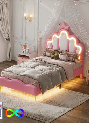 Rosahqnda Children bed 90 × 140 × 200cm LED & Drawers Princesses bed Crowns bed Petal bed Single Double, PU Velvet