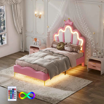 Rosahqnda Children bed 90 × 140 × 200cm LED & Drawers Princesses bed Crowns bed Petal bed Single Double, PU Velvet