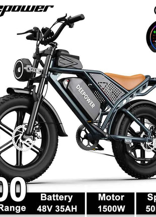 DEEPOWER 1500W Adult Electric Bike 48V 60AH Dual Battery Electric Bicycle 20-inch Fat Tire Outdoor Off-Road All-Terrain Ebike