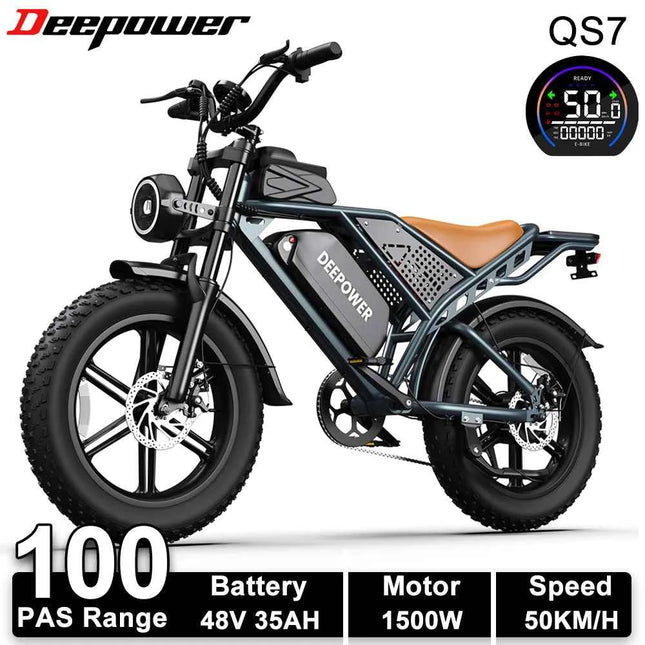 DEEPOWER 1500W Adult Electric Bike 48V 60AH Dual Battery Electric Bicycle 20-inch Fat Tire Outdoor Off-Road All-Terrain Ebike