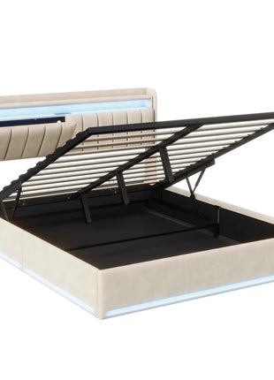 Upholstery bed Rosahqnda,140x200cm, with LED lighting and USB, open/closed storage space, single/double bed, slatted frame, velvet