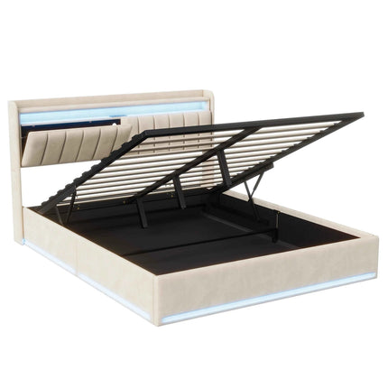 Upholstery bed Rosahqnda,140x200cm, with LED lighting and USB, open/closed storage space, single/double bed, slatted frame, velvet