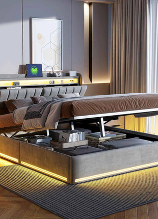 Rosahqnda Double Bed LED Lighting Headboard USB Connectors Storage Compartment Storage bed Guest bed Youth bed Velvet Fabric
