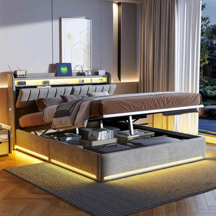 Rosahqnda Double Bed LED Lighting Headboard USB Connectors Storage Compartment Storage bed Guest bed Youth bed Velvet Fabric