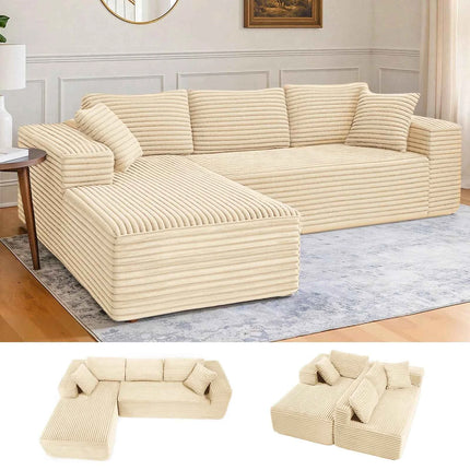COMHOMA 105 ”Modular Sofa L-Shaped Couch Cord Fabric Chaise Longue For living room No Assembling Required