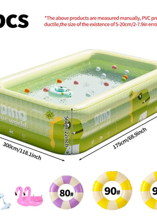 Reinforced PVC Rectangular Inflatable Pool Set with Pump, Swim Rings, and Float for Summer Garden