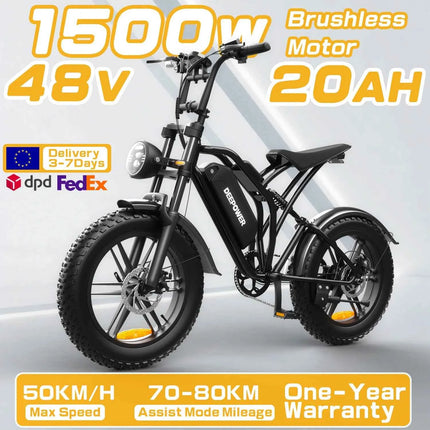 DEEPOWER S20 Adults Off-Road Electric Bike 1500W motor 48V 20AH lithium battery LED Display All-Terrain 20-inch Motorcycle Ebike