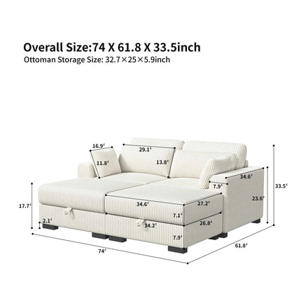 Modular corner Couch, 2/seater Couch, ribbed velvet padded with Couch-converted footed living room