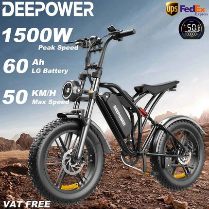 DEEPOWER S20 Electric Bicycle 1500W 48V 20Ah Off-Road Electric Bike LCD Display 20-inch Wide Tires 7-Speed All-Terrain Ebike
