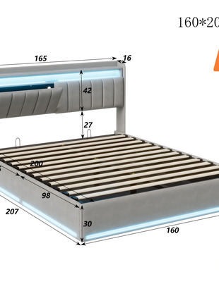 Upholstery bed Rosahqnda,140x200cm, with LED lighting and USB, open/closed storage space, single/double bed, slatted frame, velvet