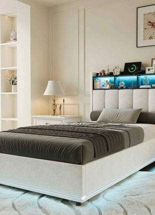 MINGZHE double bed 90/140/160x200 cm/140x190cm with LED USB, metal structure, velvet, mattress not included