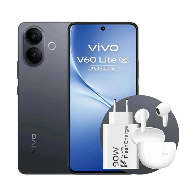 Vivo V60 Lite 5G Air3 + charger 90W Buds Pack, 6500 mAh BlueVolt Battery, AI Cameraphone with sensor Sony IMX882 50MP, Aura Light,8 + 8GB RAM,256GB ROM, 120Hz AMOLED display, IP65, NFC