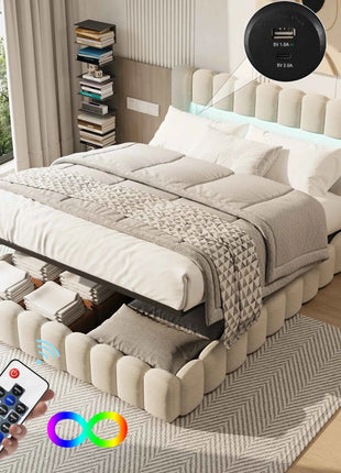 MINGZHE trunk bed with box trunk, Double upholstered bed with slatted box, 2-person bed with LED and USB