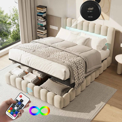 MINGZHE trunk bed with box trunk, Double upholstered bed with slatted box, 2-person bed with LED and USB