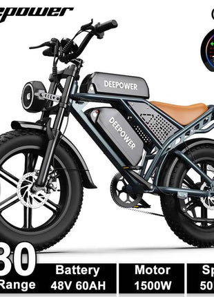 DEEPOWER 1500W Adult Electric Bike 48V 60AH Dual Battery Electric Bicycle 20-inch Fat Tire Outdoor Off-Road All-Terrain Ebike
