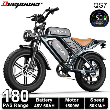 DEEPOWER 1500W Adult Electric Bike 48V 60AH Dual Battery Electric Bicycle 20-inch Fat Tire Outdoor Off-Road All-Terrain Ebike