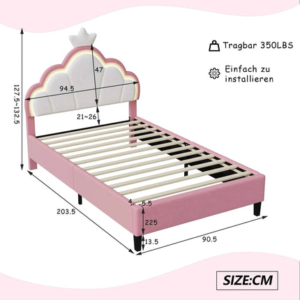 Children's Upholstered Bed 140 x 200 cm with LED Light, Single Upholstered Bed 90 x 200 cm, Princess Crown Design, Adjustable He