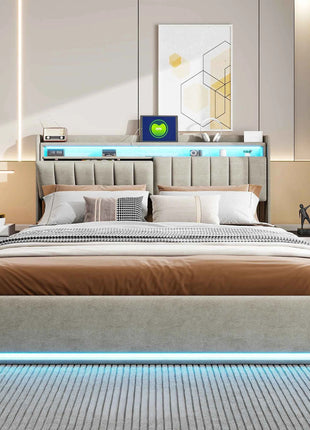 Rosahqnda Double Bed LED Lighting Headboard USB Connectors Storage Compartment Storage bed Guest bed Youth bed Velvet Fabric