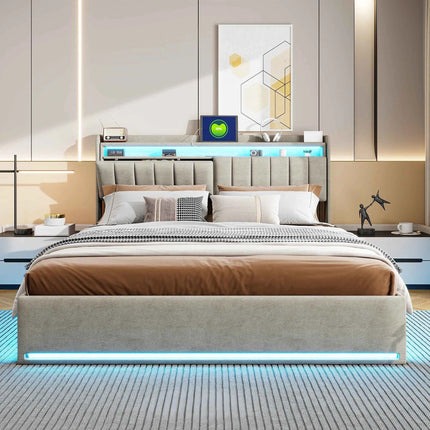 Rosahqnda Double Bed LED Lighting Headboard USB Connectors Storage Compartment Storage bed Guest bed Youth bed Velvet Fabric