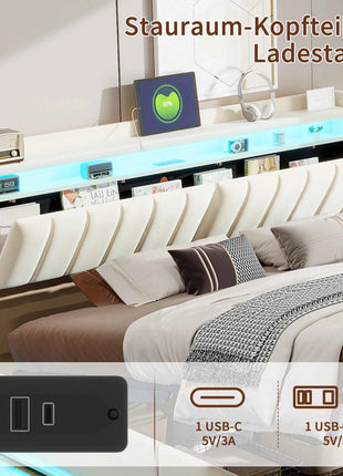 Upholstery bed Rosahqnda,140x200cm, with LED lighting and USB, open/closed storage space, single/double bed, slatted frame, velvet