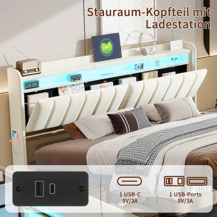 Upholstery bed Rosahqnda,140x200cm, with LED lighting and USB, open/closed storage space, single/double bed, slatted frame, velvet