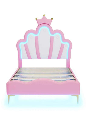 Rosahqnda Children bed 90 × 140 × 200cm LED & Drawers Princesses bed Crowns bed Petal bed Single Double, PU Velvet
