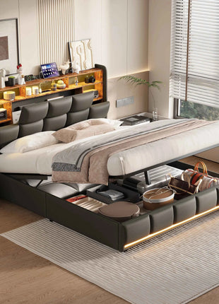 Bed 140x200, upholstered double bed with LED and USB, box spring bed, youth bed with storage headboard, hydraulic storage bed, backrest, bed frame with slatted base, black, PU, without mattress