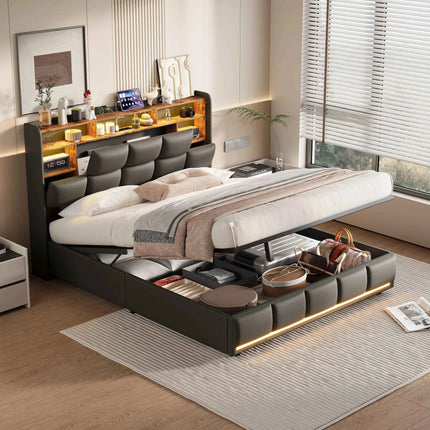 Bed 140x200, upholstered double bed with LED and USB, box spring bed, youth bed with storage headboard, hydraulic storage bed, backrest, bed frame with slatted base, black, PU, without mattress