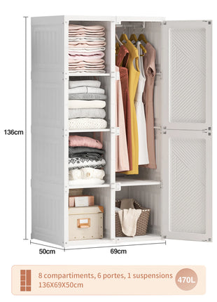 Armadio pieghevole con 6 ante, 8 ripiani e 1 asta appendiabiti, montaggio rapido, adatto per uso in affitto (bianco, 50 x 69 x 136 cm)