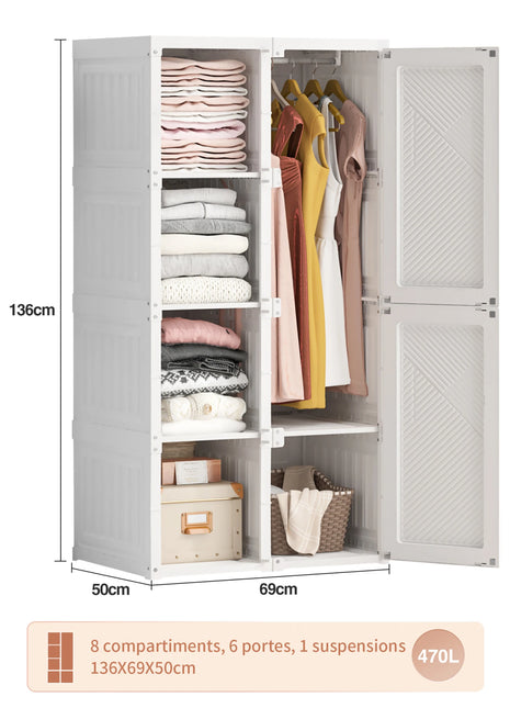 Armadio pieghevole con 6 ante, 8 ripiani e 1 asta appendiabiti, montaggio rapido, adatto per uso in affitto (bianco, 50 x 69 x 136 cm)