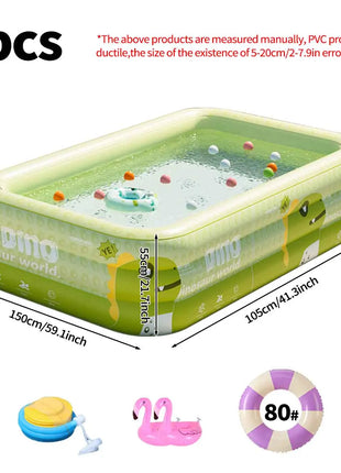 Reinforced PVC Rectangular Inflatable Pool Set with Pump, Swim Rings, and Float for Summer Garden