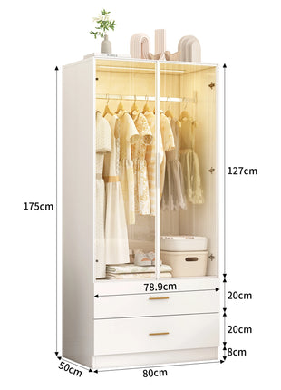 Superaly Armadio 175x50x80 cm con 2 ante in vetro, 1 asta appendiabiti, 2 cassetti, guardaroba con luci LED a sensore, mobile contenitore