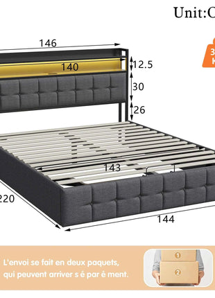 Rosahqnda cushion bed Padded Hydraulic bed frame Grey Pu Linen Headboard Linen Fabric Without Mattress
