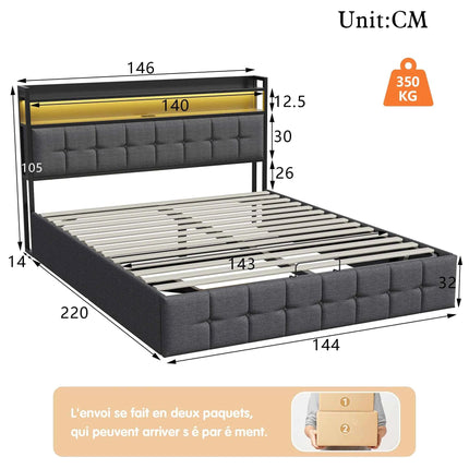 Rosahqnda cushion bed Padded Hydraulic bed frame Grey Pu Linen Headboard Linen Fabric Without Mattress