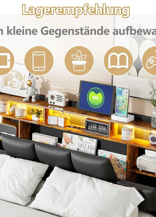 Bed 140x200, upholstered double bed with LED and USB, box spring bed, youth bed with storage headboard, hydraulic storage bed, backrest, bed frame with slatted base, black, PU, without mattress