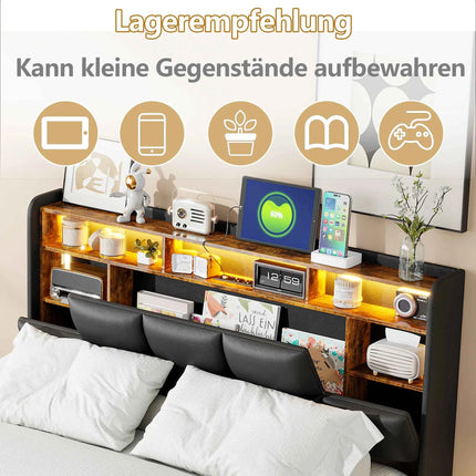 Bed 140x200, upholstered double bed with LED and USB, box spring bed, youth bed with storage headboard, hydraulic storage bed, backrest, bed frame with slatted base, black, PU, without mattress