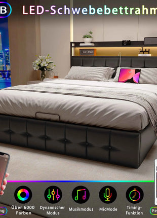 Rosahqnda cushion bed Padded Hydraulic bed frame Grey Pu Linen Headboard Linen Fabric Without Mattress